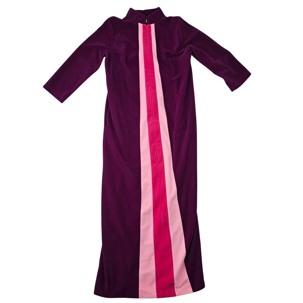 Vintage JCPenney Robes Purple Velour Maxi Dress Pink Stripe Zip Front 70s Mod 10